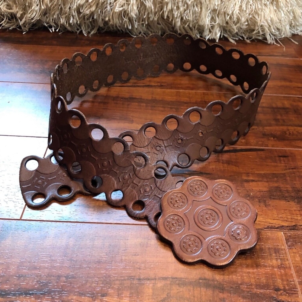 Vintage BoHo Hippie Festival CHIC Brown Disc Geniune Leather Hip Belt sz… - Picture 4 of 6